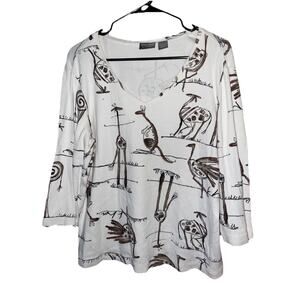 Additions by Chico’s White V Neck Blouse Stencil Figures Giraffe And Birds Sz XL